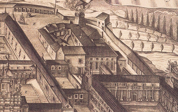 Pormenor do refeitório, gravura do complexo jesuíta de Coimbra, Carolus Grandi 1732, Biblioteca Nacional