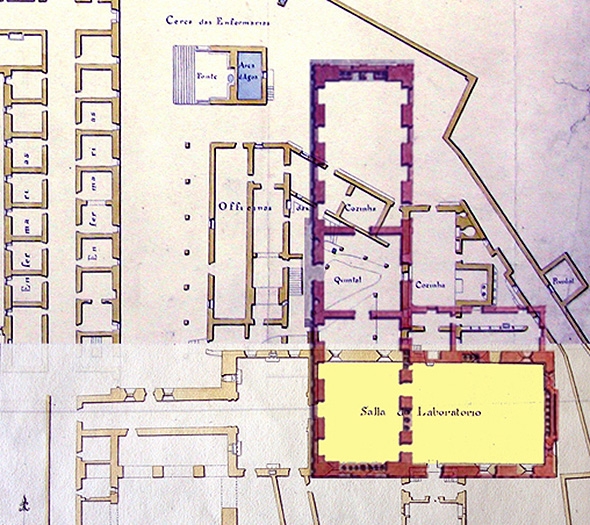  	 Planta do Laboratrio sobreposta em plantas do complexo jesuta de G. Elsden 1772 (pormenor), Biblioteca Geral da UC 